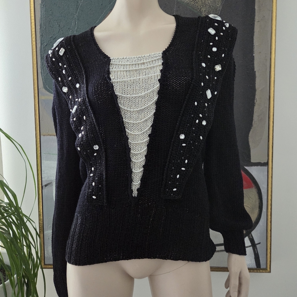 Vintage | Puffed Sleeve Sweater with Jewel and Pearl Accents